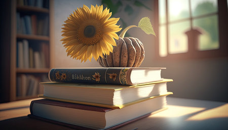 Blooming Minds: A Peaceful Teacher's Day Background Template with a Sunflower and a Stack of Books. Generative AI.の素材