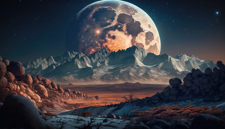 Moonlit Mountains: Astronomy Day Background with a Stunning Full Moon Rising over a Majestic Range. Generative AI.の素材