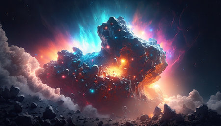 Mystery and Color: Astronomy Day Background with a Mesmerizing Asteroid Field and Nebula Clouds. Generative AI.の素材