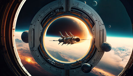 The Future of Exploration: Astronomy Day Background with a Futuristic Space Station and Distant Planet. Generative AI.の素材