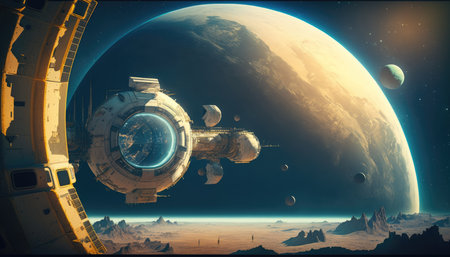 The Future of Exploration: Astronomy Day Background with a Futuristic Space Station and Distant Planet. Generative AI.の素材