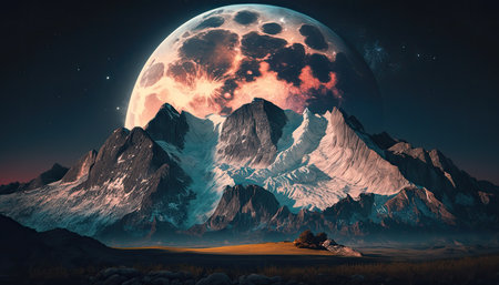 Moonlit Mountains: Astronomy Day Background with a Stunning Full Moon Rising over a Majestic Range. Generative AI.の素材