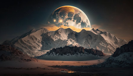 Moonlit Mountains: Astronomy Day Background with a Stunning Full Moon Rising over a Majestic Range. Generative AI.の素材