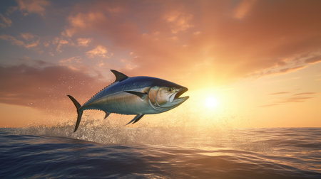 Emphasizing the Beauty of Tuna Fish with a Majestic World Tuna Day Scene of a Giant Tuna Leaping Against a Sunset Sky. Generative AI.の素材