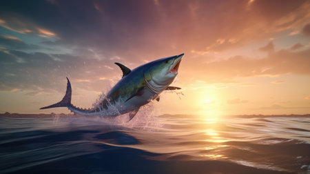 Emphasizing the Beauty of Tuna Fish with a Majestic World Tuna Day Scene of a Giant Tuna Leaping Against a Sunset Sky. Generative AI.の素材