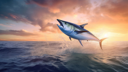 Emphasizing the Beauty of Tuna Fish with a Majestic World Tuna Day Scene of a Giant Tuna Leaping Against a Sunset Sky. Generative AI.の素材