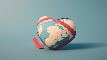 Love Heals the World: Heart-Shaped Earth with BandAid. Generative AI.の素材