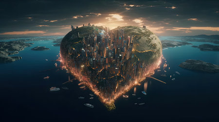 Love Across the Globe: Heart-Shaped Earth with Landmarks. Generative AI.の素材