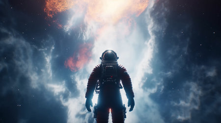 Venture into the Cosmos: National Space Day Background with an Astronaut Silhouette amidst a Stunning Nebula. Generative AI.の素材