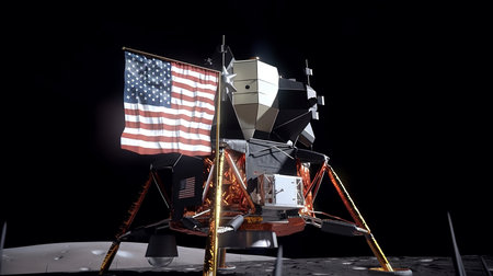 One Giant Leap: National Space Day Background with the Iconic Apollo 11 Lunar Module and the American Flag. Genertive AI.の素材