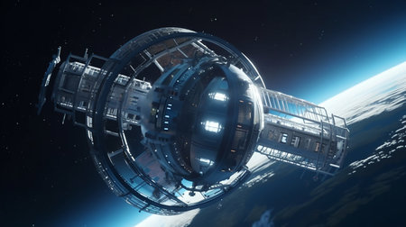 Embarking on the Ultimate Adventure: National Space Day Background with a Futuristic Space Station and Orbiting Planet. Genertive AI.の素材