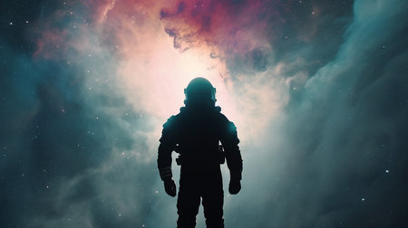 Venture into the Cosmos: National Space Day Background with an Astronaut Silhouette amidst a Stunning Nebula. Generative AI.の素材