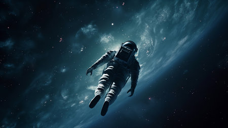 Venture into the Cosmos: National Space Day Background with an Astronaut Silhouette amidst a Stunning Nebula. Generative AI.の素材