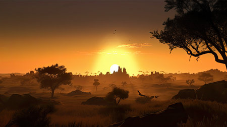 Celebrating African Heritage: A Sunset Scene Over a Silhouetted World Heritage Site. Generative AI.の素材