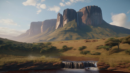The Majesty of African Landscapes: A Heritage Site in the Distance of a Natural Wonder. Generative AI.の素材