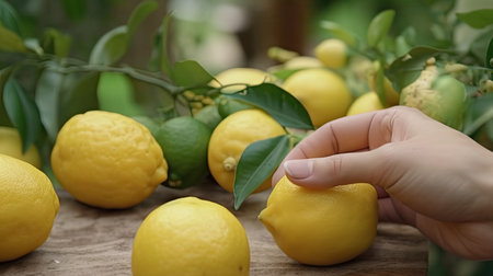 From Garden to Glass: Celebrating National Lemonade Day with a Close-Up Scene of Freshly Picked Lemons. Generative AI.の素材