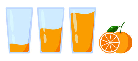 three glasses of fresh orange juice ranging from slightly, half, to full.のイラスト素材