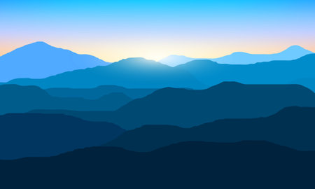 illustration of mountain scenery at dawn with sunlightのイラスト素材
