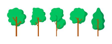 collection of flat tree illustrations with green foliage, perfect for nature, forest, or landscape design.のイラスト素材