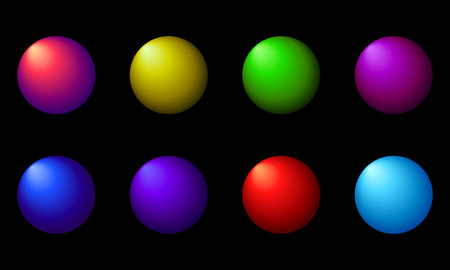 collection of bright colorful 3d spheres with smooth gradient and shiny surface on blackのイラスト素材