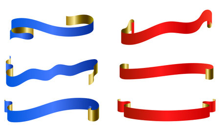 set of elegant red blue ribbons with shiny gold edgesのイラスト素材