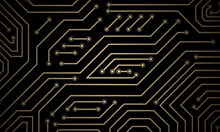 luxurious gold circuit board pattern with dark modern digital technology backgroundのイラスト素材