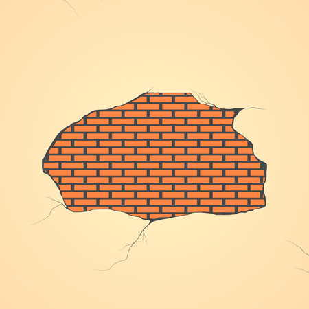 vector illustration of cracked wall surface showing red brick texture behind plaster layerのイラスト素材