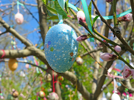 Decorative tree decorated with decorated Easter eggs. National Tadic. Christian Orthodox religious festival.の写真素材