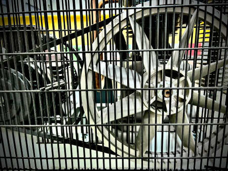 Cooling condenser fan. Cooling production equipment. Cooling mechanism on machine. Large axial fan...