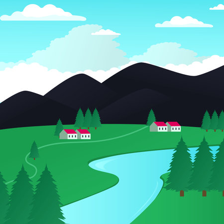 vector small village with mountain and river scene, landscape vectorのイラスト素材