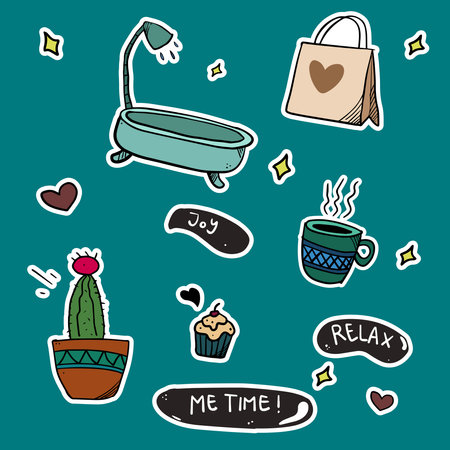 Hand drawn me time sticker set vector illustrationのイラスト素材