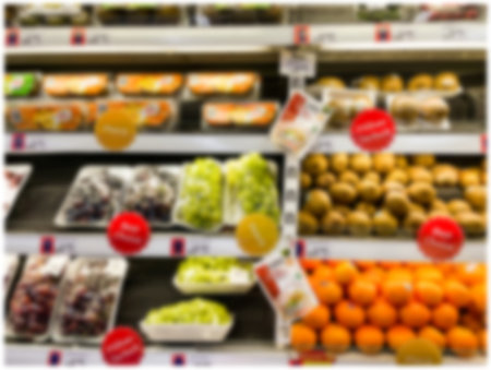 Abstract blur supermarket, fresh fruit and vegetables zone for backgroundの写真素材
