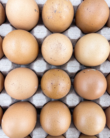 Brown eggs stacked in rows in paper tray. top view