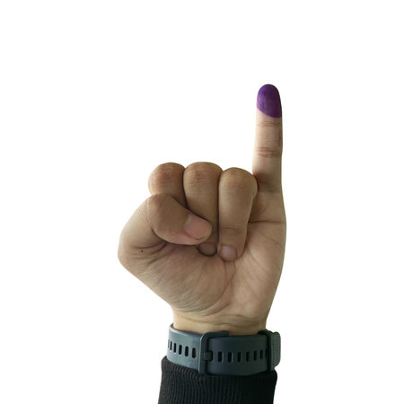 close up hand gesture showed ink for Indonesian Election Day or Pemilu, Jari Tinta Isolatedの写真素材