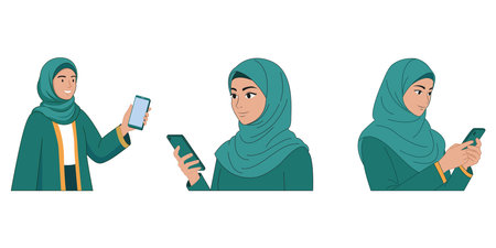 Modern Muslim woman in a teal hijab demonstrates various interactions with a smartphone representing digital connectivity and communicationのイラスト素材