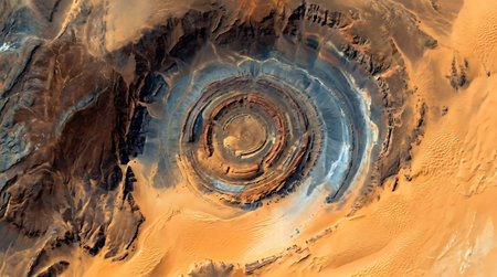 An aerial perspective of the richat structure, also known as the eye of the sahara