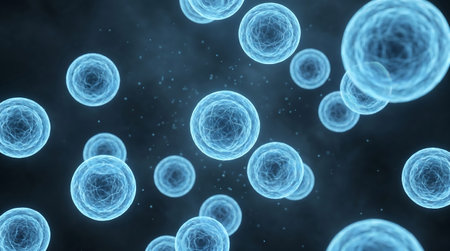Scientific illustration showing multiple biological cells floating in a dark environment with blue glowing edges. full details prompt and 8K ultra quality and add image ratio