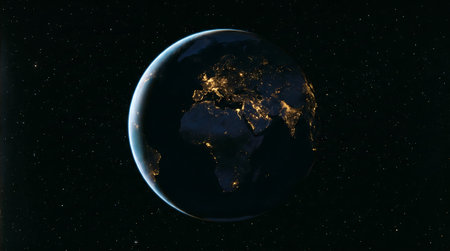 Detailed satellite perspective of our planet at night, showcasing the illumination of urban areas across the globe against a vast starry backdrop