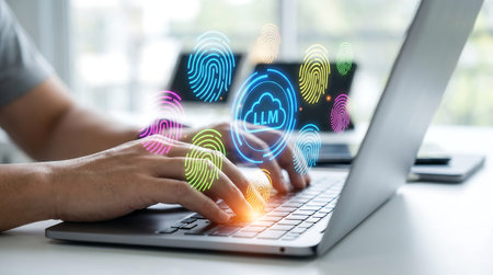 A user interacts with an advanced digital security system featuring glowing biometric authentication symbols over a silver notebook computer