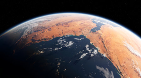 A dramatic orbital view of earth showing the curvature of the horizon above desert terrain and dark blue oceans in 8K ultra quality with a 16:9 image ratio