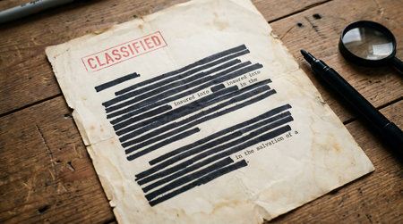 A top-down view of a vintage document labeled classified with black redacted