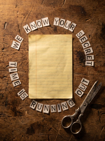 Cut out newspaper letters spelling a threatening message circling a blank aged paper on a wooden table with metal scissors