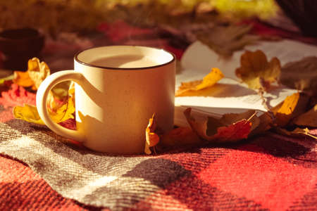 Cup of coffee and yellow book are placed on red plaid blanket. Autumn warm cozy photoの写真素材