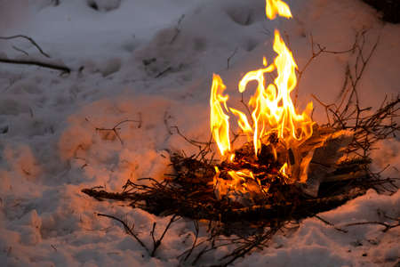 bonfire from branches in the winter forest. fire hazard, safety equipmentの写真素材