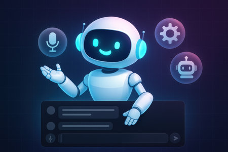 Robot chat bot with chat bot icons in blue background. Vector illustration.の素材