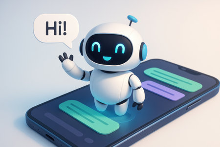 3d rendering cute robot with speech bubble on smart phone over white backgroundの素材