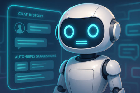 3d rendering robot chat bot with speech bubble on dark blue backgroundの素材