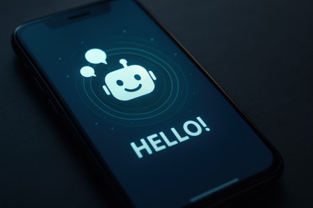 Chatbot icon on smartphone screen. Artificial intelligence and machine learning concept.の素材