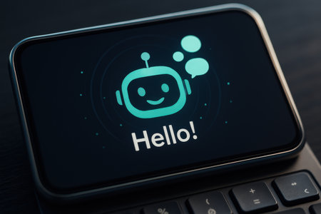 Chatbot icon on smart phone screen. Artificial intelligence and machine learning concept.の素材