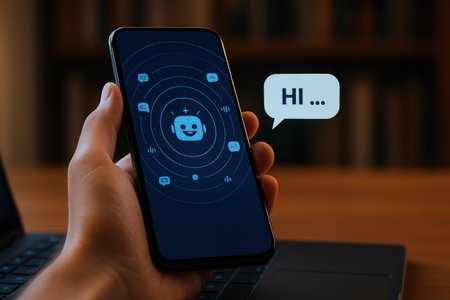 Chatbot concept on mobile phone screen. Smartphone with chatbot icon.の素材